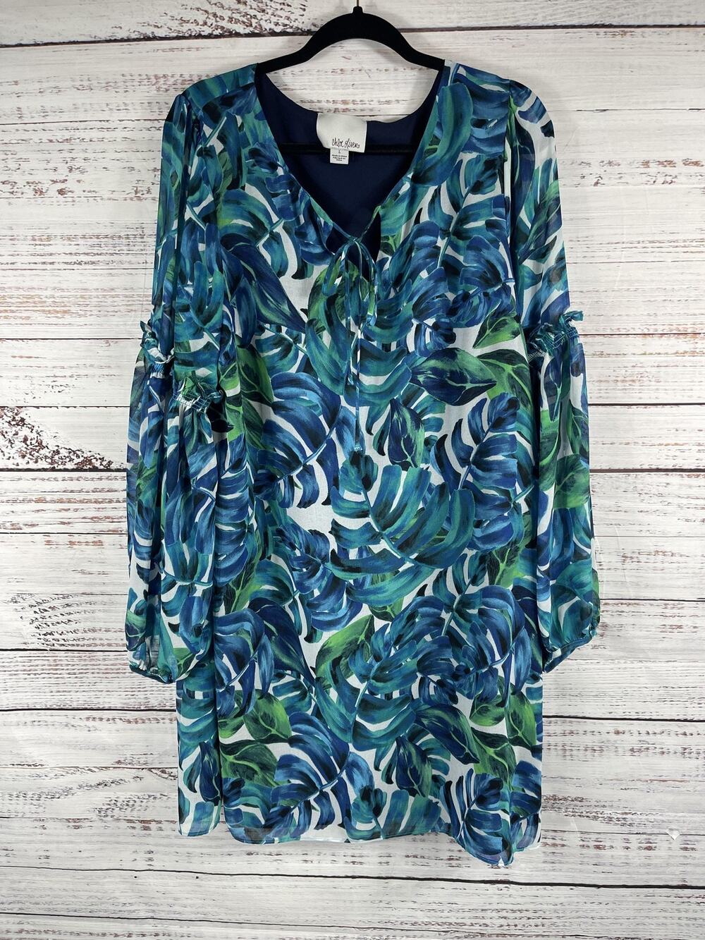 Chloe Oliver Dress Women's SZ L Blue Green Tropical Leaf Print Shift Lined Boho